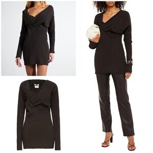 NWT BOTTEGA VENETA Dark Brown Twist-front Ribbed-knit V-neck Sweater 34 XS S